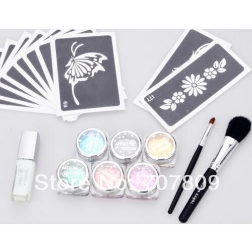 2sets- Wholesale - c glitter tattoo Kit 6 color powder with stencil glue brush supply