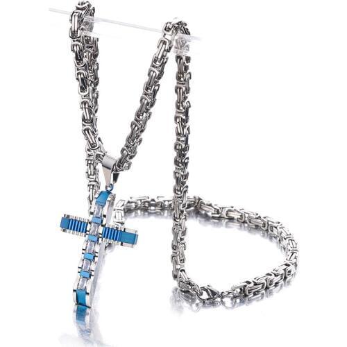 New Crystal Cross Necklace for Men Cross Pendant Necklace Mens Fashion Jewelry Stainless Steel Byzantine Necklace