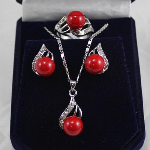 Wholesale good red coral shell pearl pendant necklace earring ring jewelry set 18 inch Genuine Lucky Ladys jewelry Fine Womans