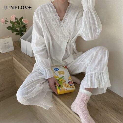 JuneLove Korean Autumn Lace Elegant Pure Color Cotton 2021 Pajamas Women Cotton Sweet Palace Style Pajamas Set Home Clothes
