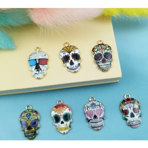 10pcs Diy Jewelry 22*13mm Gold Printing Alloy Painting Enamel Sugar Skull Charms Skeleton Pendants For Bracelet Handmade