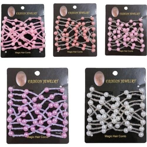 Lovef 1 Pc Ez Stretchable Combs Lady Women Girls Pearl Hair Combs Double Clips Beaded Comb
