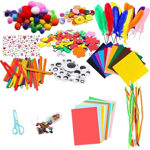 DIY Supplies Arts and Craft Set Pom Poms Paper Buttons for Children Age 4 5 6 7 8 9 Years Old