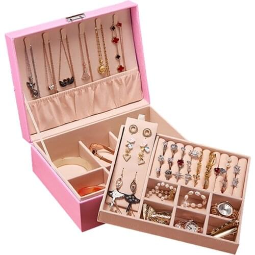 PU Leather Jewelry Box Organizer Double Layer Earring Ring Bracelet Display Storage Boxes and Packaging with Lock