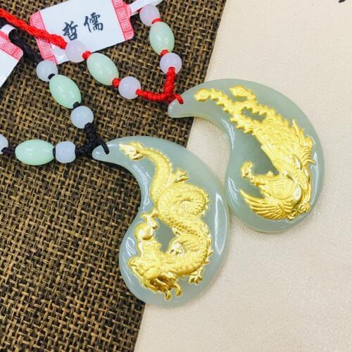 Zheru Jewelry Pure natural black Hetian jade inlaid 24k gold dragon and Phoenix pair pendant necklace Couple gold inlaid jade Se