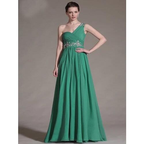 Green Evening Dresses A-line One-shoulder Chiffon Beaded Long Dubai Saudi Arabic Evening Gown Prom Dresses
