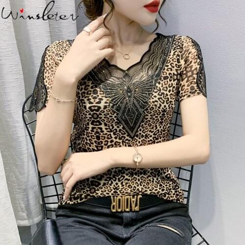 Summer European Style Mesh T-Shirt Sexy V-Neck Leopard Shiny Diamonds Women Tops Short Sleeve All Match Tees New 2021 T14309A