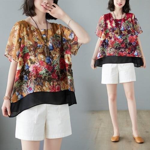 Summer 2021 Chiffon Printed Yellow Red Short Sleeve Top Casual Shirts Pullover Loose Women Fashion Plus Size Clothes Blouse