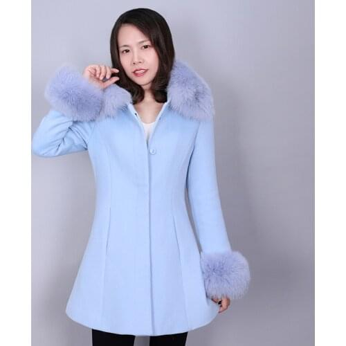 MaoMaoKong 2020 Real Fur Coat Winter Jacket Ladies Loose Natural Fox Fur Collar Cashmere Wool Blend Coat Jacket Streetwear Overs