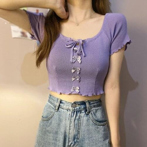 Women\s Knit T Shirt Tie Lace-up Bow Design Sexy Crop Top Casual Wild Square Collar Short-sleev T-shirt Summer Cloths for Women