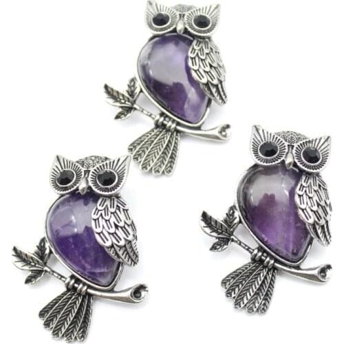 1pcs Vintage Silver Plated Owl Natural Stone purple crystal Brooch For Women Charms Jewelry Brooches Free shipping