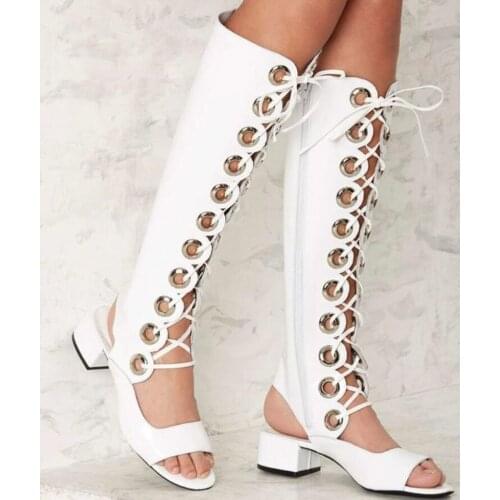 Ladies Elegant White Grommet Cross-tied Chunky Heel Rome Style Long Tube Boot Summer Sexy Women Med Heels Sandals Boots Sandals