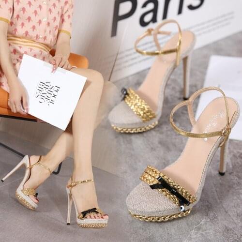 2021 New Thin Stilettos Sexy Ankle Open Toe Party Dress Women Shoes Plus Size 42 Metal Ornament Platform High Heels Sandals