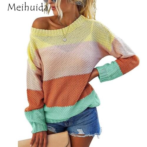 Women Knitted Sweaters Jumper Autumn Spring Casual Striped Color Long Sleeve Knit Pullover Tops Clothes Knitwear for Female New