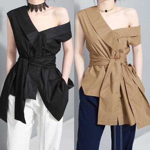 Femme Sexy Off The Shoulder Long Sleeve Top Office Lady Solid Color Sleeveless One Shoulder Bowknot Irregular Hem Blouse