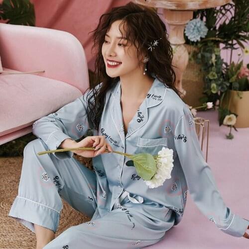 Lapel Pajamas Adult Women Ice silk Pajamas Sets Autumn Luxury High Quality Homewear Hot Sale Cardigan Long sleeve Satin Pajamas