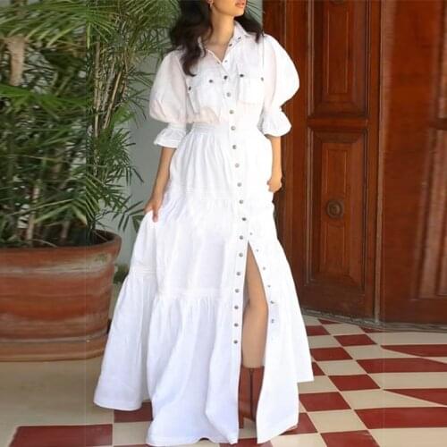 Fashion Designer Vintage Dress Women 2021 Flare Sleeve Button White Single Breasted Elegant Long Dresses