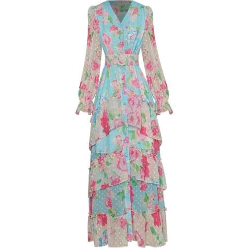 New Arrival Long Dress 2021 Autumn Women V-Neck Polka Dot Floral Patterns Belt Deco Long Sleeve Casual Party Maxi Dress Vestido