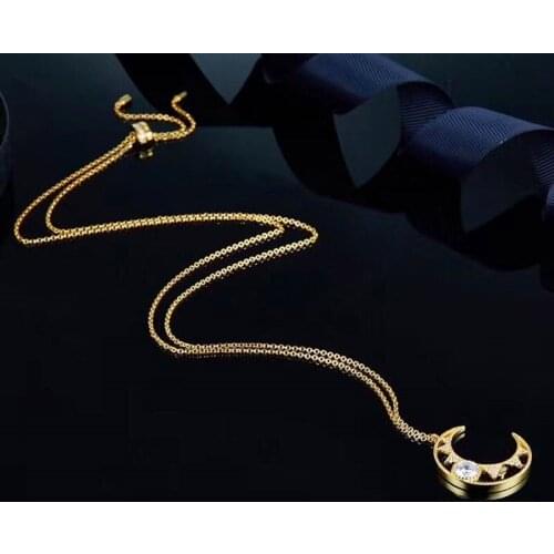 Womens 18K Gold Plated CZ Crystal Star Moon Pendant Chain Necklace