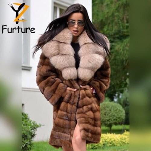 Winter Women Real Fur Coat Natural Mink Fur Coat With Fox Fur Big Lapel Warm Luxury 90cm Overcoat Slim Sashes Long Thick Jackets