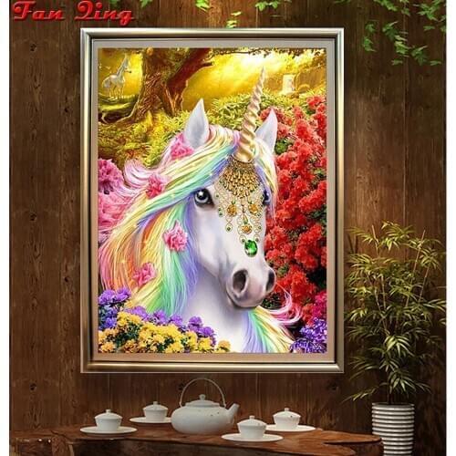 5D Diy Diamond Painting Unicorn In The Flowers Full Square Round Rhinestone Embroidery Mosaic Wall Art Home Decoration