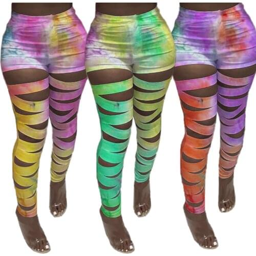 AR58513 Europe and the United States 2021 sexy womens clothing fashion personality tie-dye burnt casual pants irregular hollow