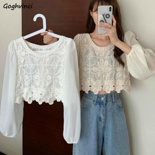 Blouses Womens Hollow Out Korean Style Sweet O-neck Puff Sleeve Short Tops Girls Autumn New All-match Designers Casual Female