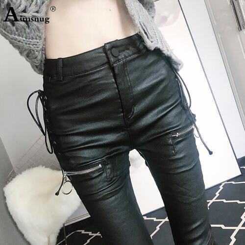 Aimsnug Black Faux PU Leather Pencil Pants Lace Up High Waist Slim Skinny Streetwear Autumn Casual Trousers Women 2020 Fashion