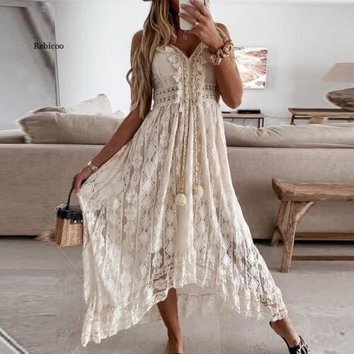 Elegant Chic Tassel V Neck Hollow Out Dress Women Fashion Crochet Lace Solid Party Dress Summer Sexy Sleeveless Beach Long Dress