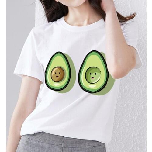 Summer New Female T-shirt White Cute Lady Self-cultivation All-match T-shirt Anime Top Cartoon Avocado Print Short Sleeve