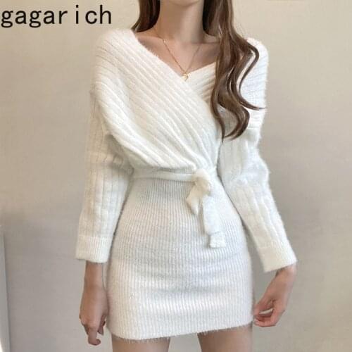Gagarich Women Dress 2020 Winter Autumn Korean Chic French Elegant Temperament Cross V-neck Lace-Up Designed Female Dresses