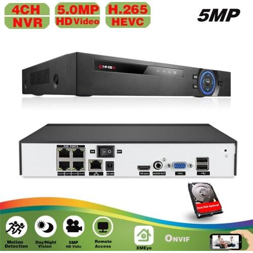 NVR 4CH 5MP Audio Surveillance Security IP Camera POE CCTV System ONVIF P2P NVR Network Video Recorder With 2TB HDD 4ch