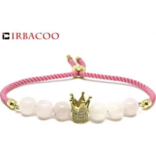 IRBACOO 2020 New Fashion Women Bracelet Queen CZ Crown Charm Pink Crystal With Pink Lucky Cord For Womens Jewelry Gift