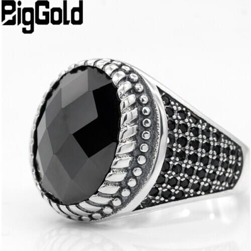 925 Sterling Silver Men Ring Pave Setting Black Cubic Zircon Stones Ring Thai Silver Vintage Turkish Jewelry for Male Female