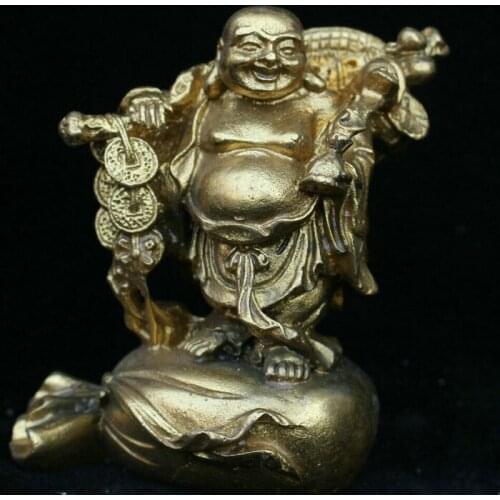 Chinese Buddhism Bronze Brass Seat Money bag Happy Laugh Maitreya Buddha Statue