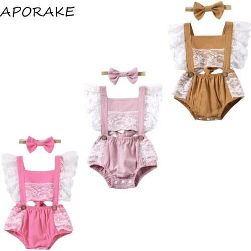 2021 0-18M Newborn Baby Girl Sweet Playsuit Fly Sleeve Square Collar Hollow Out Tie Up Lace Romper+Bowknot Headband Summer 2pcs