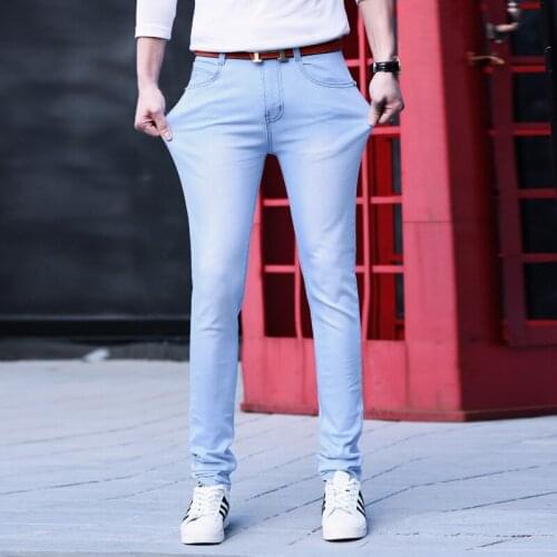 Fashion Brand Mens Skinny Jeans Man Classic Slim Fit Stretch Jeans Tight Denim Jean Mens Light blue Pencil Jeans Pants For Male