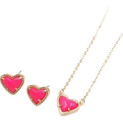 2020 New Hot Pink Heart Resin Druzy Colored Gem Stone Small Love Geometric Stud Earrings & Necklace Jewerly Set for Women