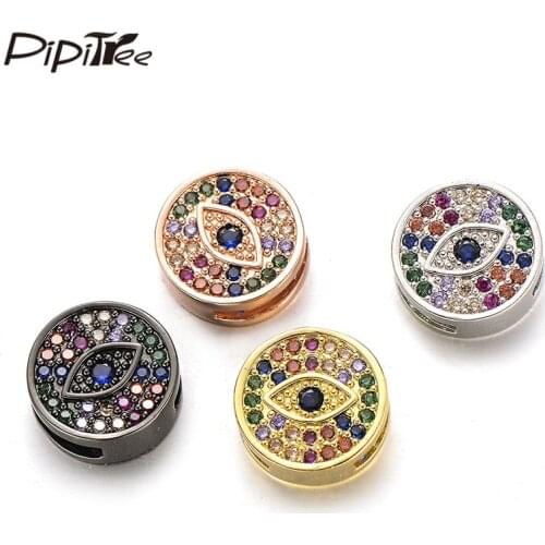 Pipitree Fashion Slider Round Evil Eye Beads 14mm Copper Multi Cubic Zirconia Mesh Bracelet Charms Beads DIY Jewelry Accessories