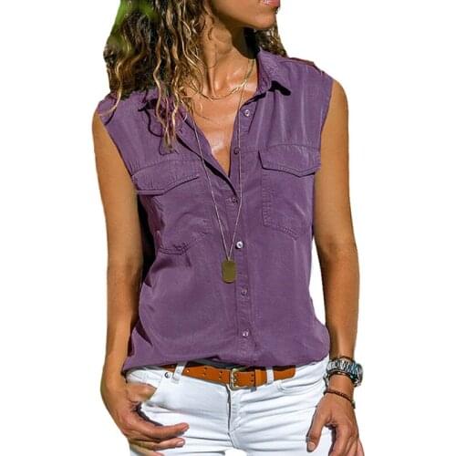 Summer Fashion Ladies Solid Color Shirt With Pocket Lapel Sleeveless Button Shirts Outer Wear Comfortable Top Women Clothing