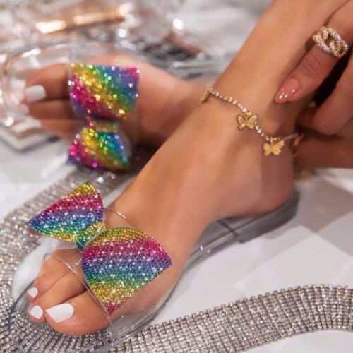 Diamond Slippers Summer New Women Bowknot Decoration Flat Heel Peep Toe Sandals Fashion Elegant Beach Outdoor Slides Flip Flop