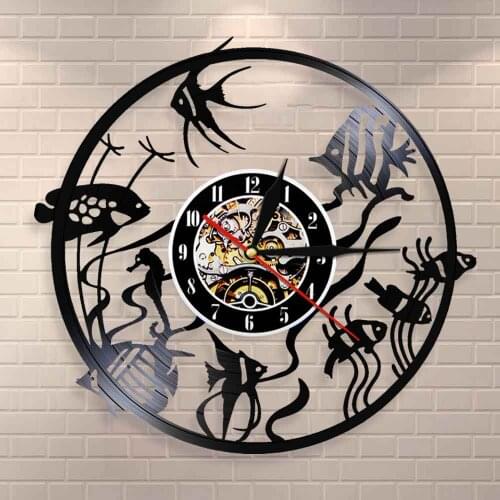 Modern Design Vinyl Record Wall Clock Goldfish Wall Art Wall Clock Minimal Home Decor Nursery Aquarium Decorative Wall Watch
