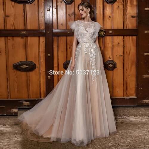 Champagne A Line Wedding Dresses Scoop Ruffles Sleeveless Lace Appliques Button Bridal Wedding Gowns Vestido De Noiva 2021