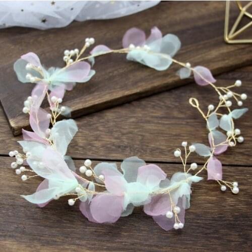 Girls Gorgeous White Pink Yarn Flower Pearl Headband Crown Tiara Princess Hairband Bridal Wedding Party Women Headpieces