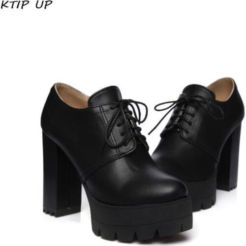 Spring Autumn Platform Casual High Heels Sexy Lace-up Chunky Heel Black White Pumps High Heels Women Shoes Plus Size 34-43