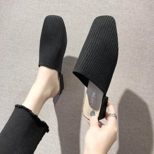 2020 Square Toe Stretch Slippers Low Block Heel Slip On Casual Comfort Lazy Lady Shoes Flats Spring Summer slippers women