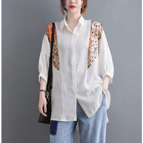 Oversized Women Summer Loose Casual Shirts New Arrival 2021 Vintage Style Turn-down Collar Patchwork Print Female Tops B088