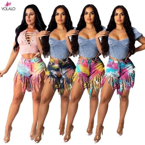 2021 New Women Tie Dye Print Tassel Mid Waist Sexy Ripped Jeans Shorts Fashion Summer Short Denim Trousers Pants