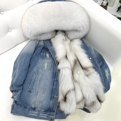 2019 womens thicker winter new denim pie large fox fur collar liner fur coat long coat female braids outerwear jacket coats