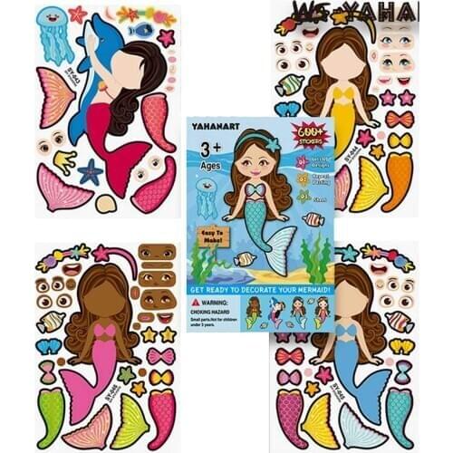 4 Sheets Mermaid Sticker Puzzle Game DIY Cartoon Princess Girls Learning Education Toys For Children Kids Multi-patterns Styles